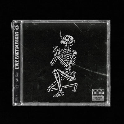 Bill Stax's Live Fast Die Skrt CD case with a skeleton design on a black background