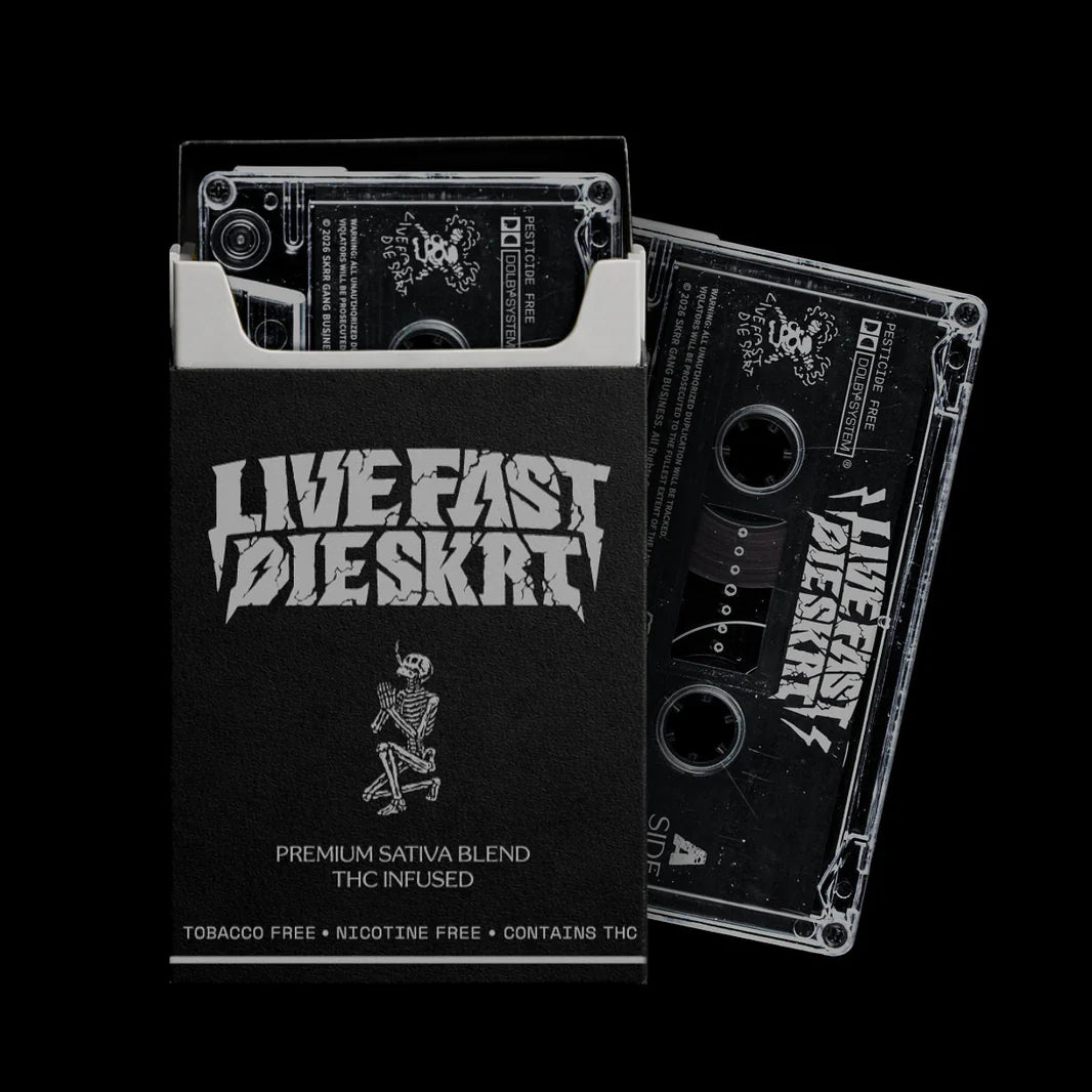 Bill Stax's Cassette tape packaging with 'Live Fast Die Skrt' branding on a black background