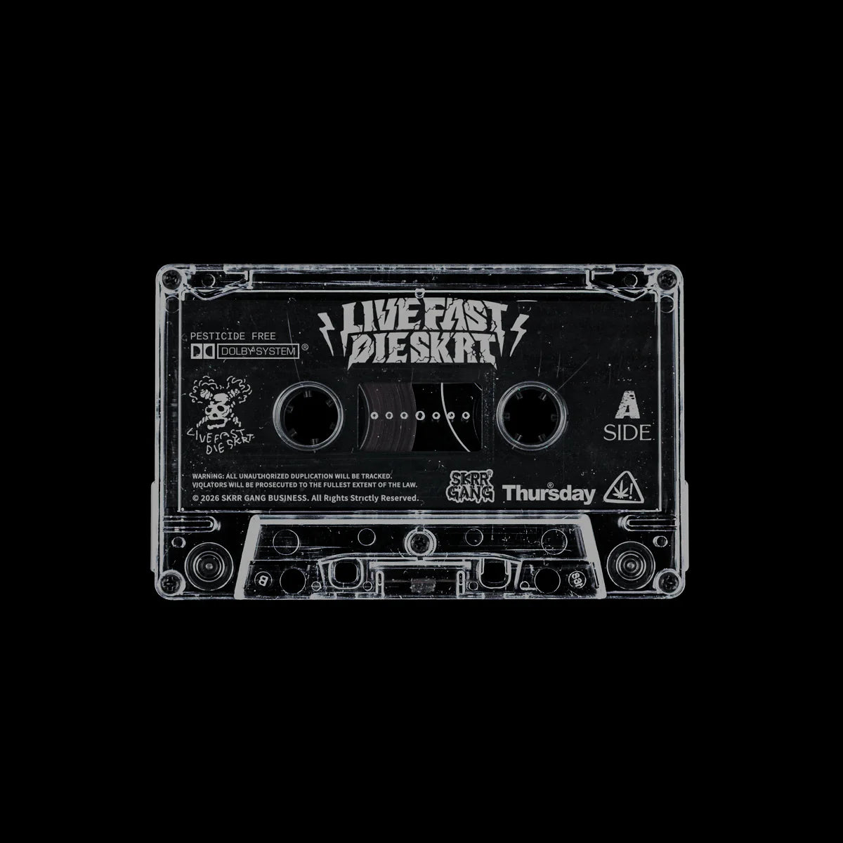 Clear cassette tape with Bill Stax's  'Live Fast Die Skat' label on a black background