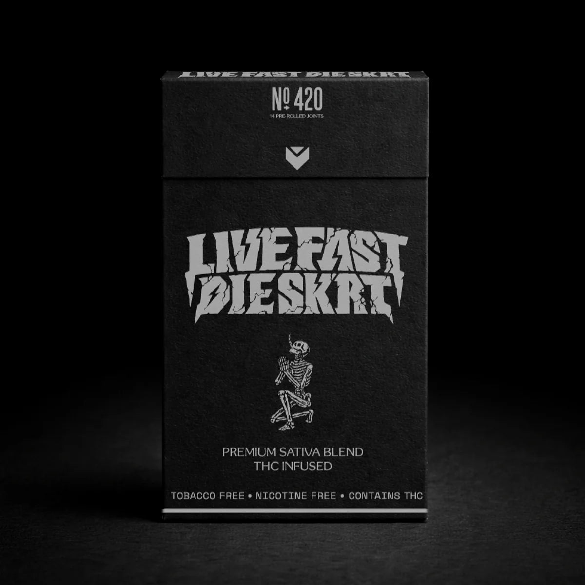 Black packaging with Bill Stax's 'Live Fast Die Skrt' text and skeleton graphic on a black background