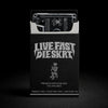 Black packaging with Bill Stax's 'Live Fast Die Skrt' text and skeleton graphic on a black background
