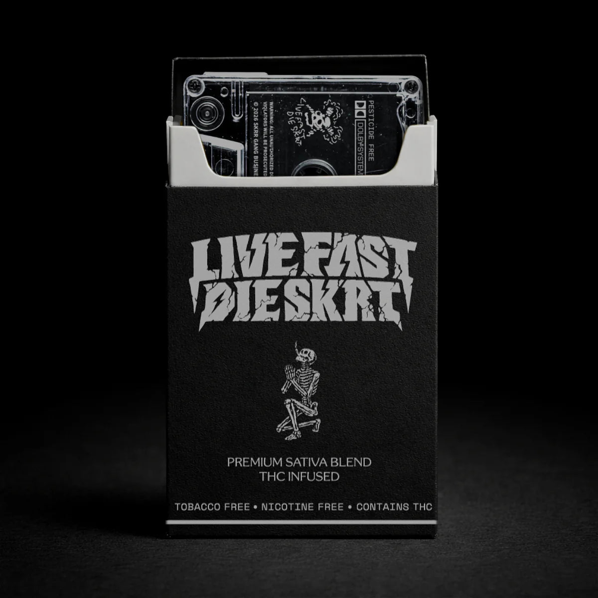 Black packaging with Bill Stax's 'Live Fast Die Skrt' text and skeleton graphic on a black background
