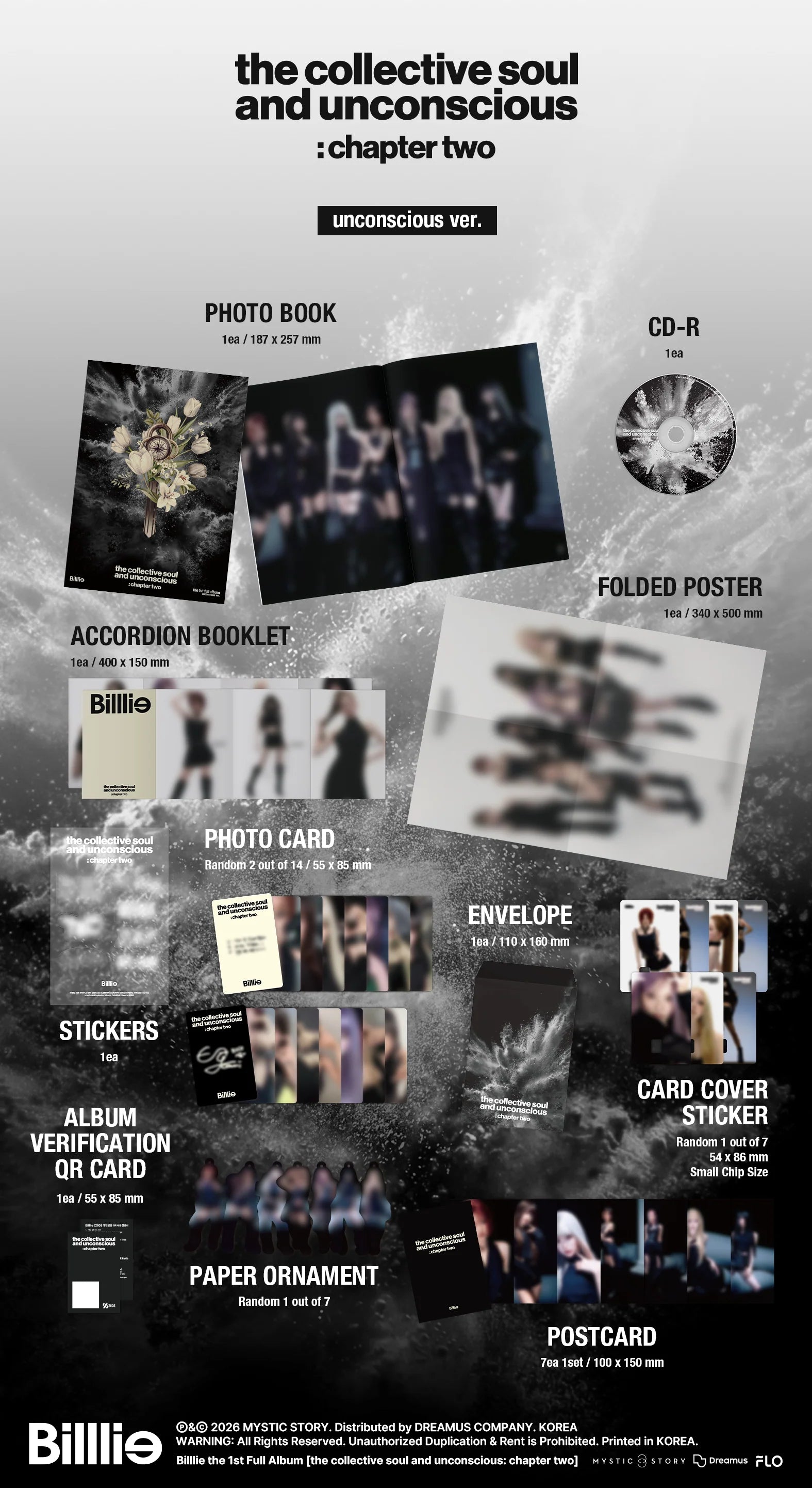 Album inclusion listing for BILLIE's album, 'the collective soul and unconscious chapter two', with various items including a photo book, CD-R, accordion booklet, folded poster, photo card, envelope, stickers, album verification card, paper ornament, and postcard.
