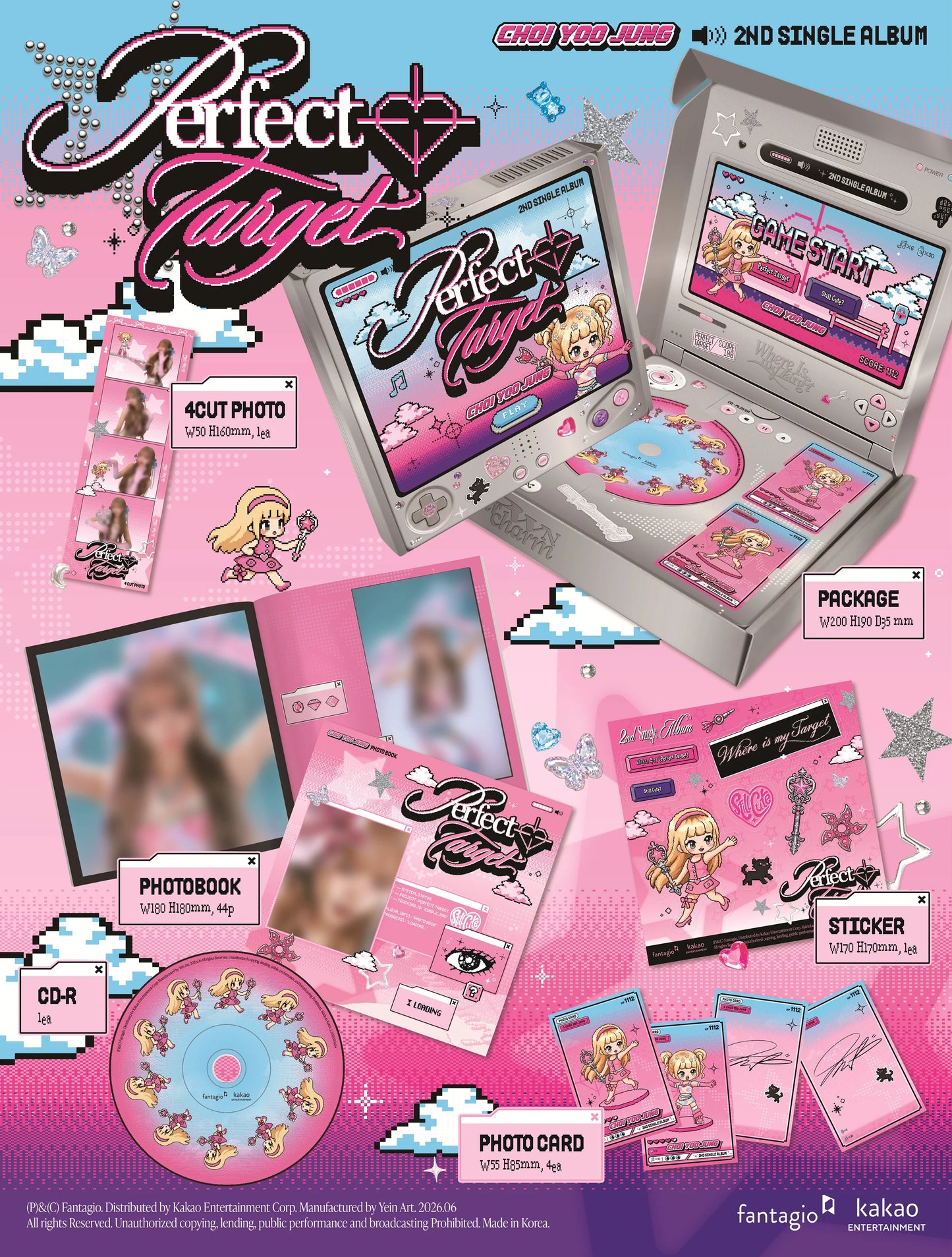Choi Yoojung's 1nd single album packaging with its various inclusions on a pink background