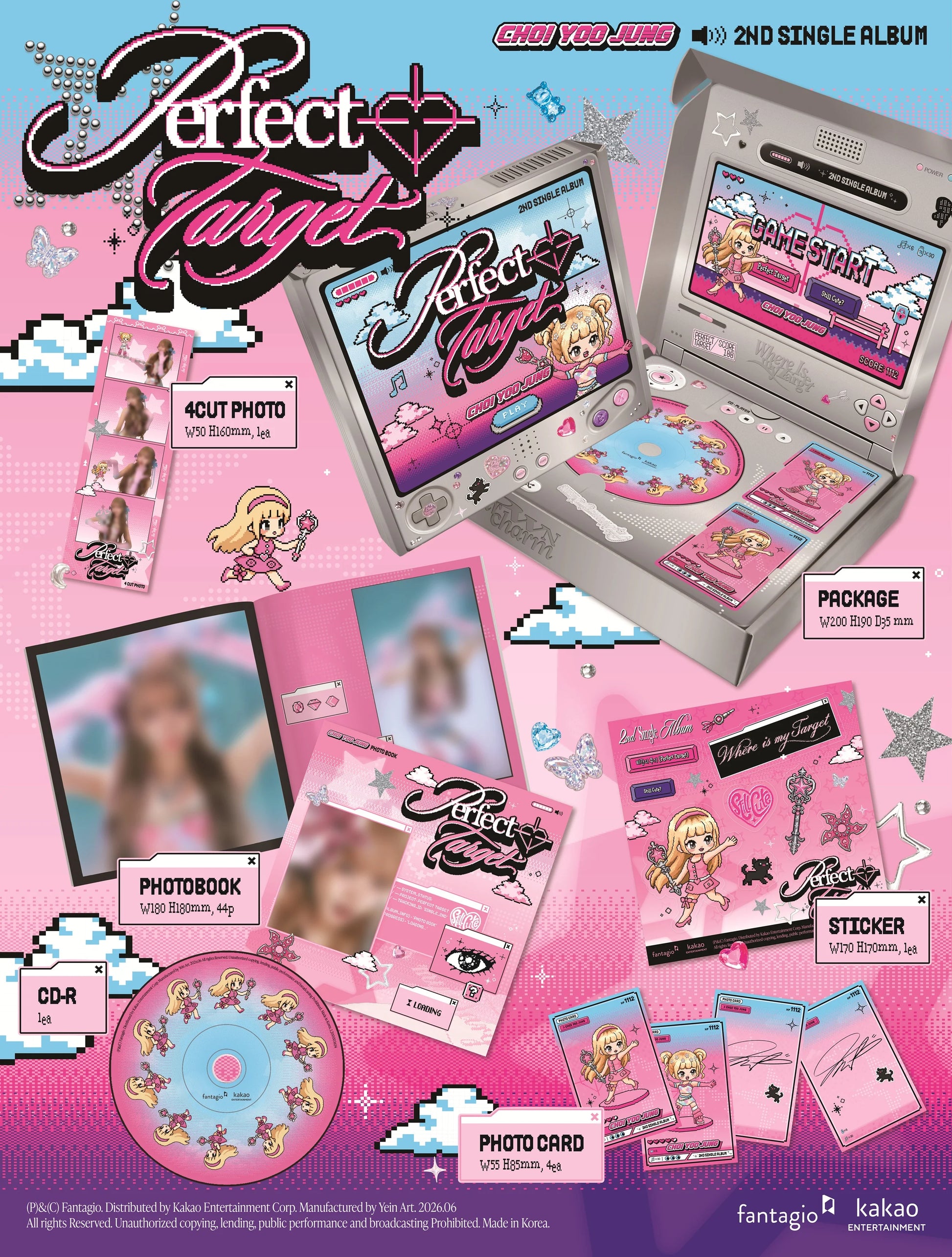Choi Yoojung's 1nd single album packaging with its various inclusions on a pink background