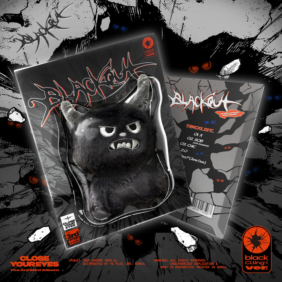 CLOSE YOUR EYES's album cover with a black cat illustration on a dark background