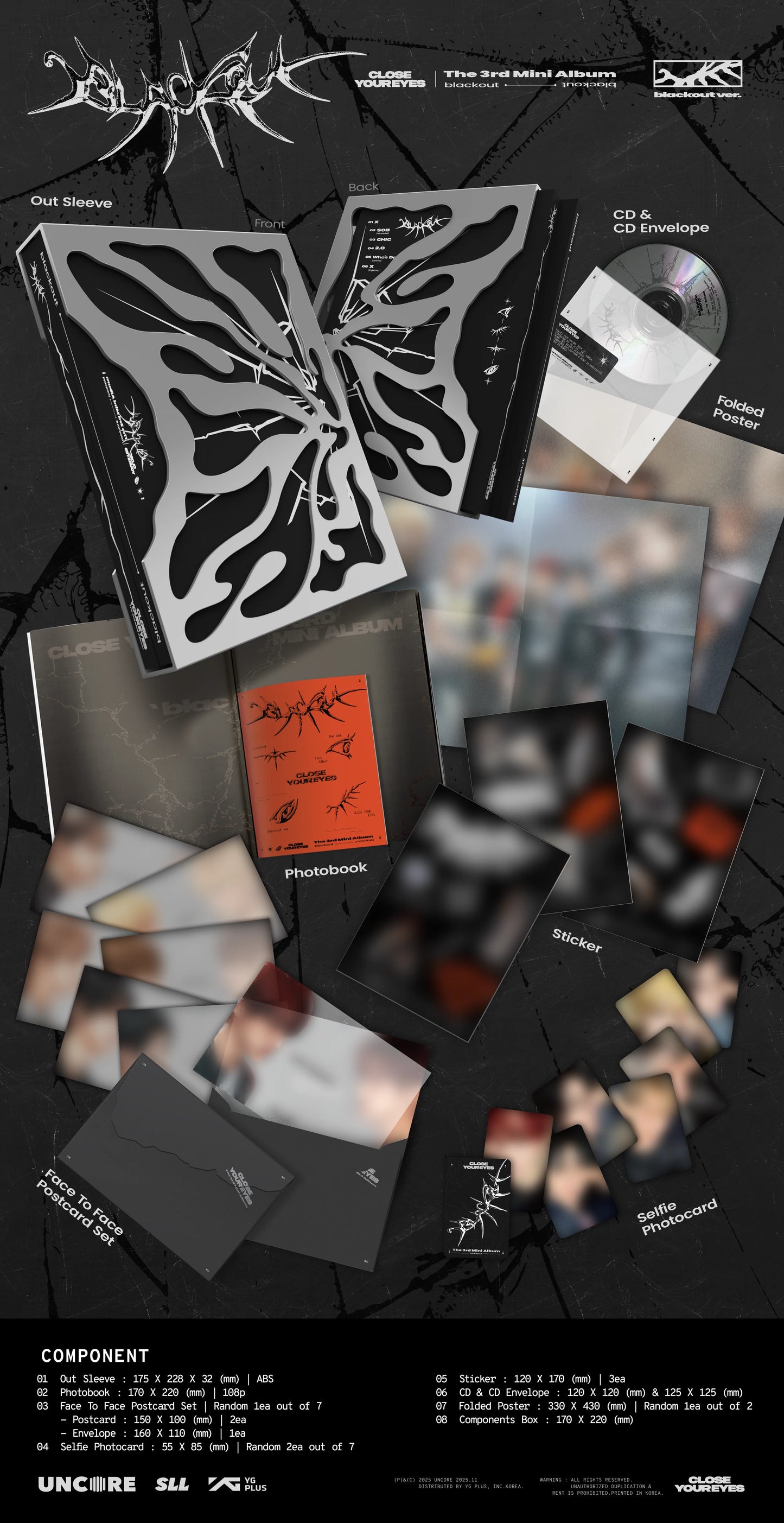 Packaging of CLOSE YOUR EYES's 3rd mini album with various components on a dark background