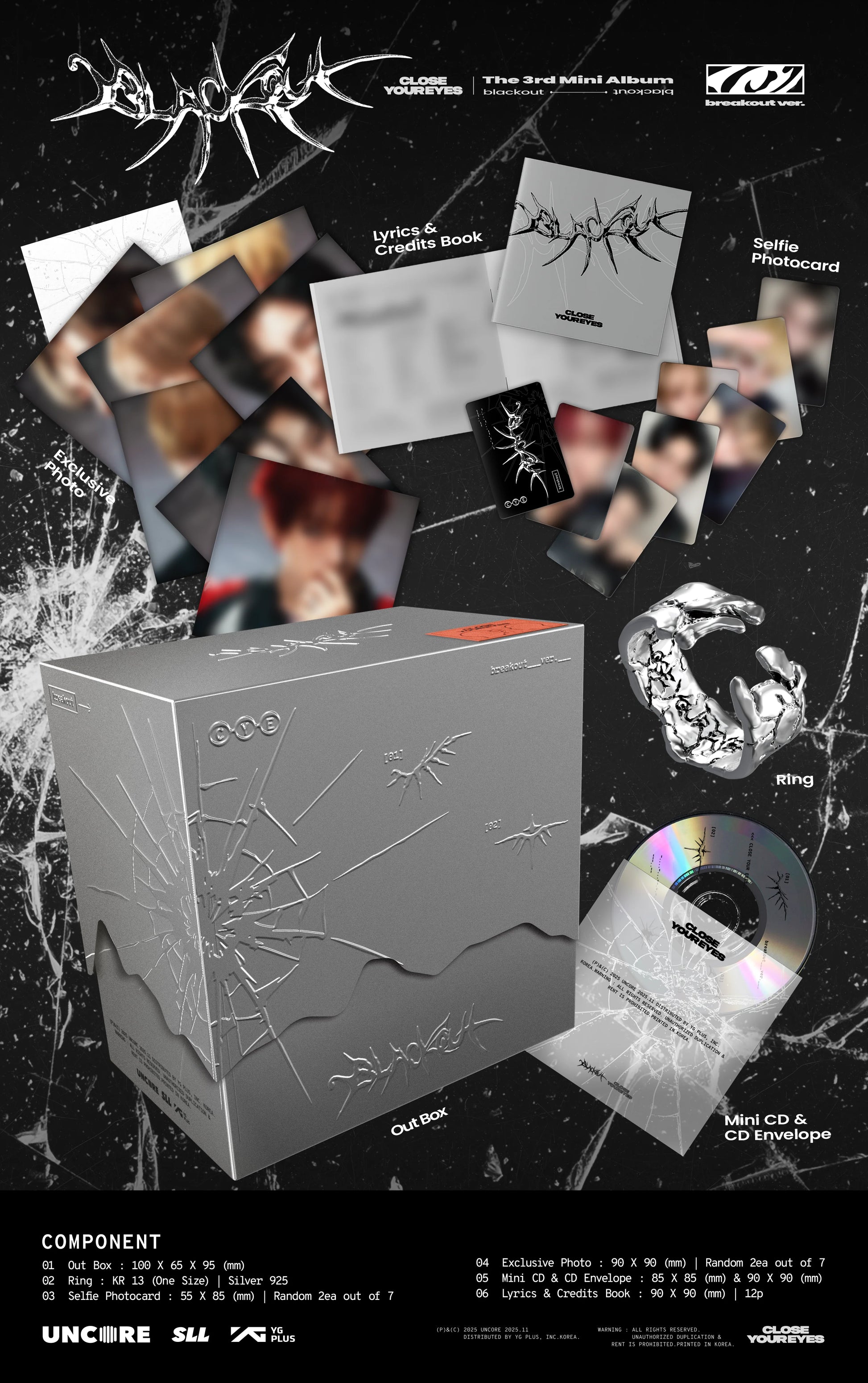 CLOSE YOUR EYES's 3rd mini album packaging with CD, photo book, and other components on a black background