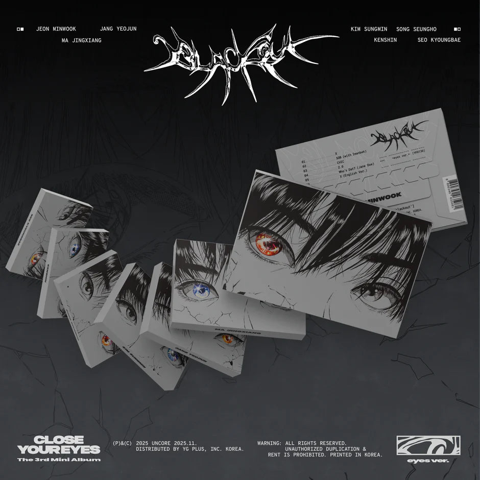 Packaging of CLOSE YOUR EYES's 3rd mini album with character illustrations and text on a dark background