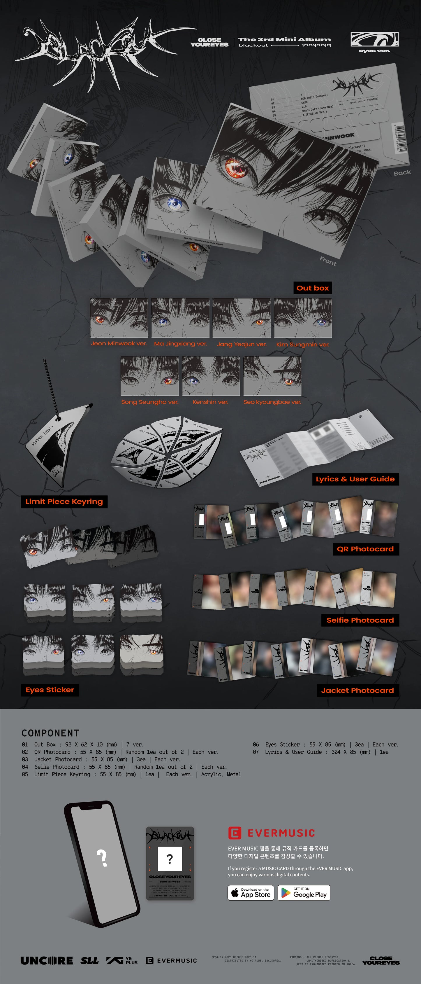 Packaging of CLOSE YOUR EYES's 3rd mini album with various components and branding on a dark background