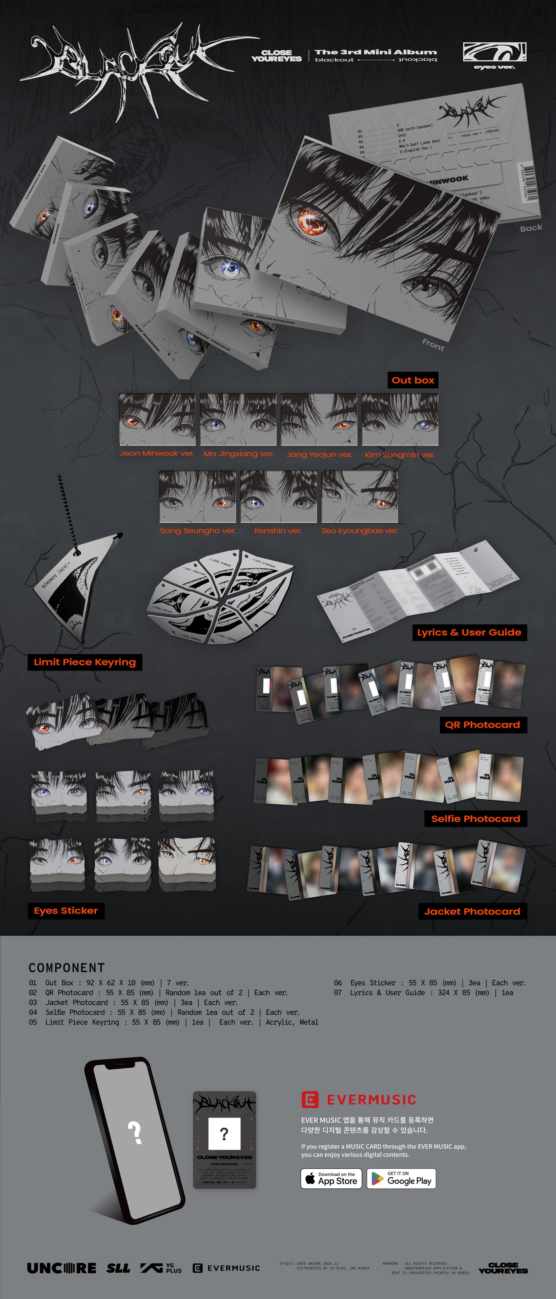 Packaging of CLOSE YOUR EYES's 3rd mini album with various components and branding on a dark background