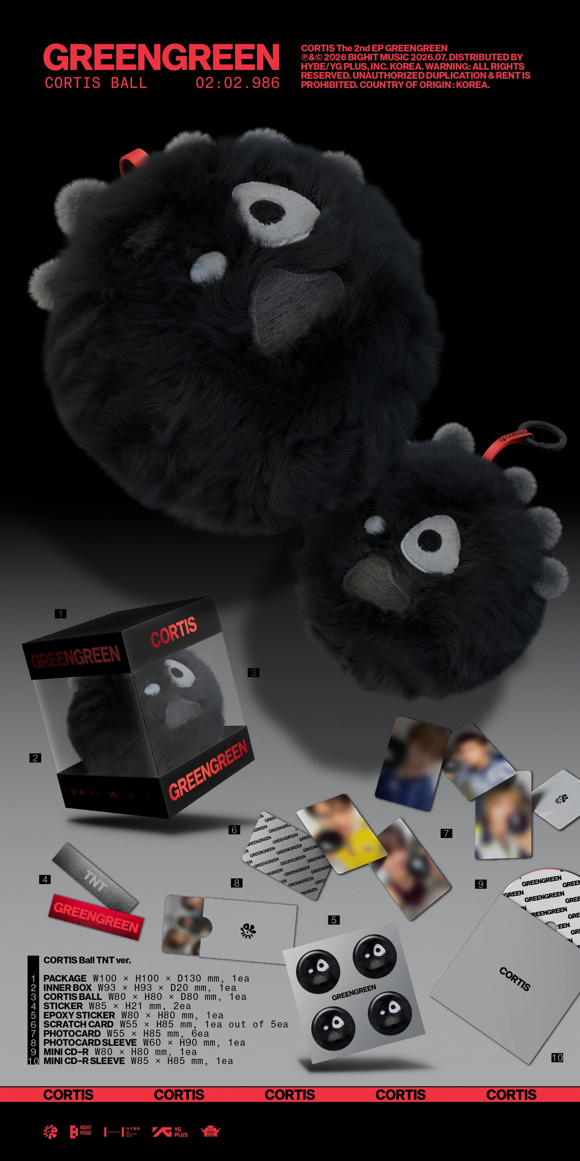 CORTIS's Black plush toy with white eyes and red accents on a dark background, surrounded by product packaging and images for their Greengreen album