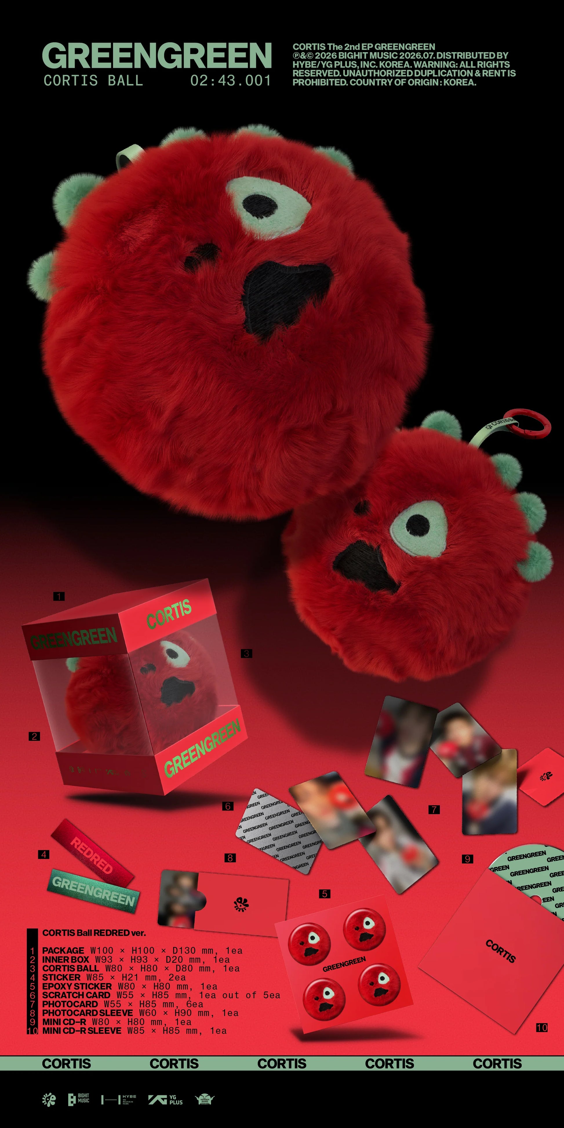 Red plush toy with green accents on a red background, featuring CORTIS's GREENGREEN album branding and product details.