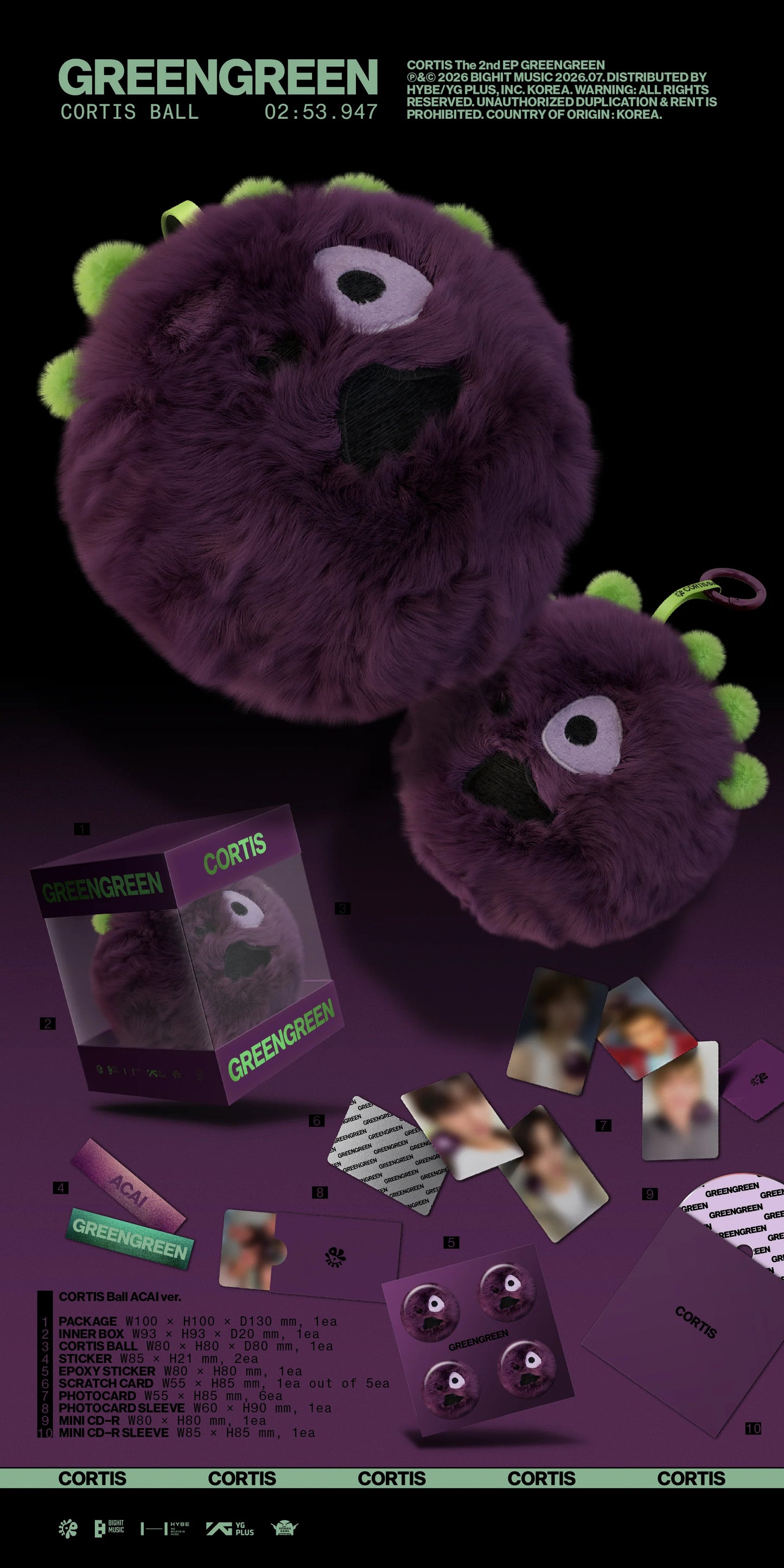 Purple fuzzy monsters with green accents on a dark background, featuring the brand 'Greengreen' for CORTIS