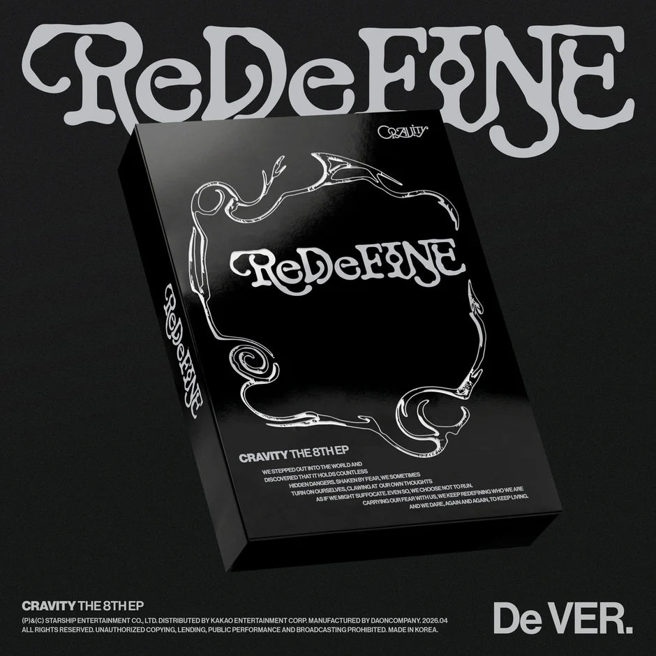 Album cover for CRAVITY's 8th mini album with a black box with "ReDeFINE" text on a black background 
