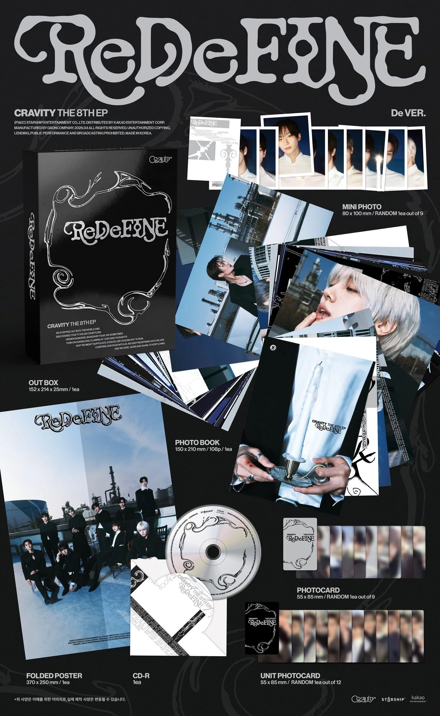 Inclusions for CRAVITY's album titled 'ReDeFINE' featuring various items like photos, posters, and a CD.