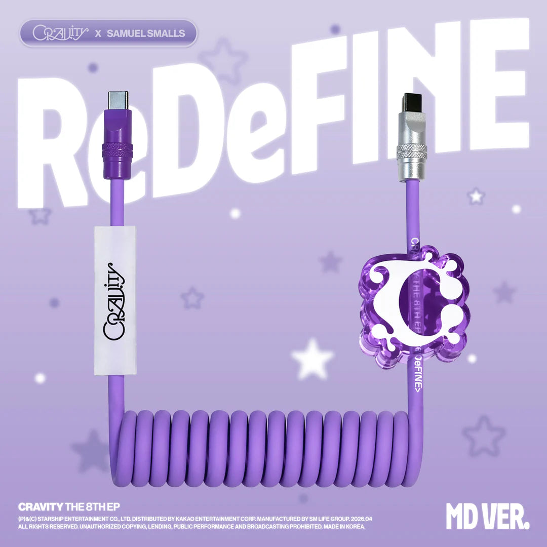 Purple coiled cable with 'CRAVITY' branding on a purple background with 'ReDefine' text.