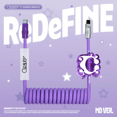 Purple coiled cable with 'CRAVITY' branding on a purple background with 'ReDefine' text.