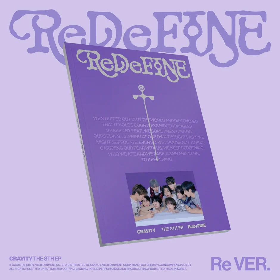 Album cover for CRAVITY's 8th mini album with a purple book with "ReDeFINE" text on a purple background 
