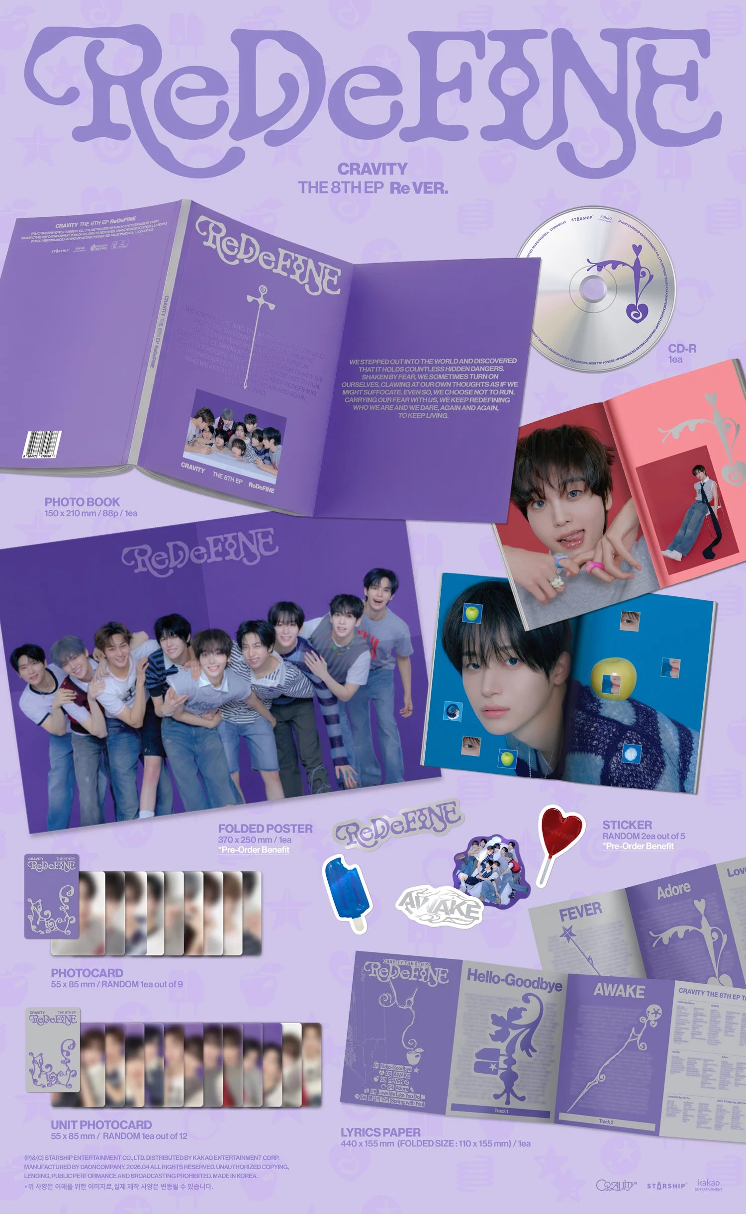 Inclusions for CRAVITY's album titled 'ReDeFINE' featuring various items like photos, posters, photocards, and a CD.