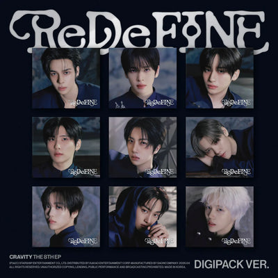 Album cover for CRAVITY's 8th mini album with a individual members' photos on a dark blue background
