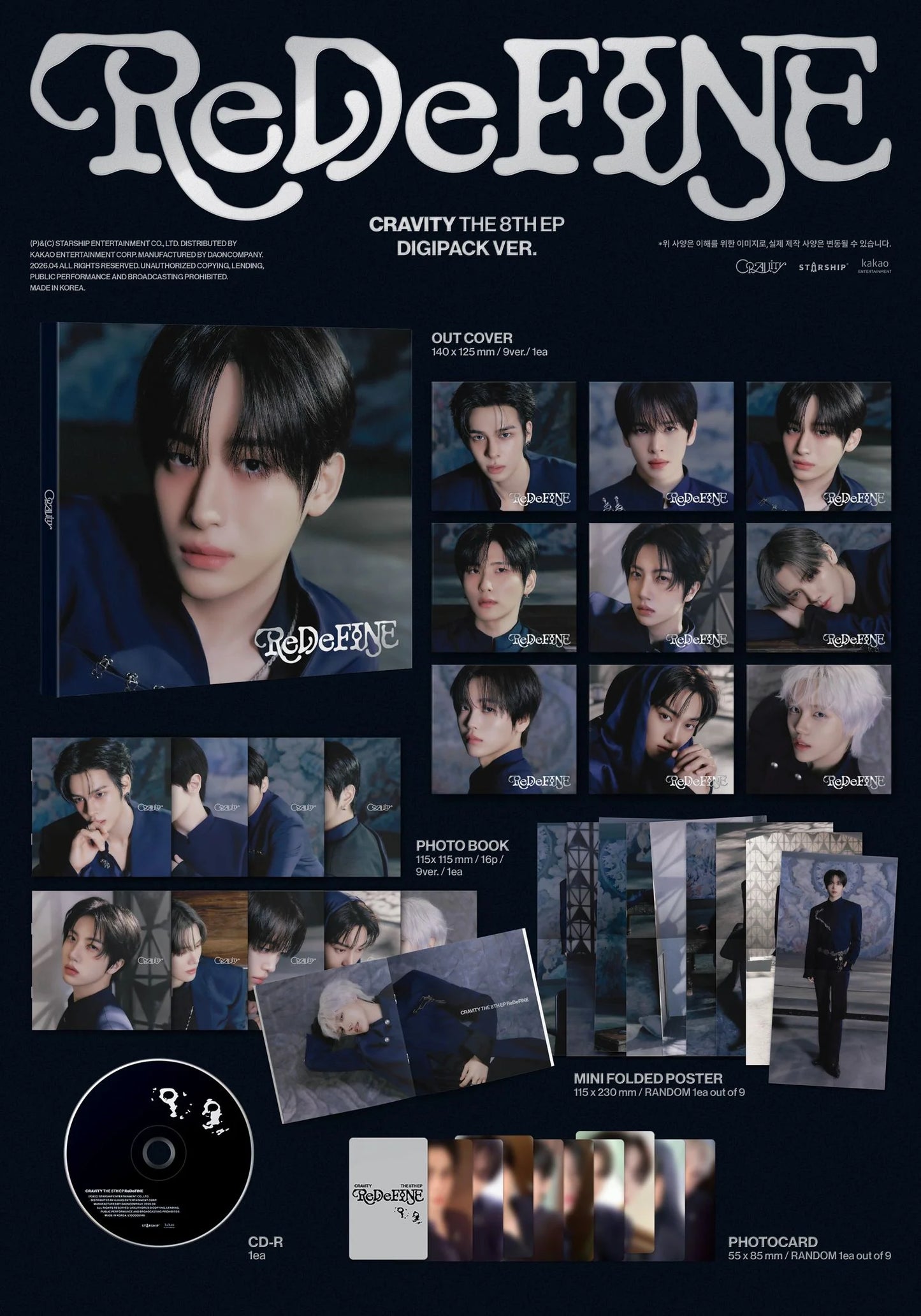 Inclusions for CRAVITY's album titled 'ReDeFINE' featuring various items like photos, photocards, and a CD.