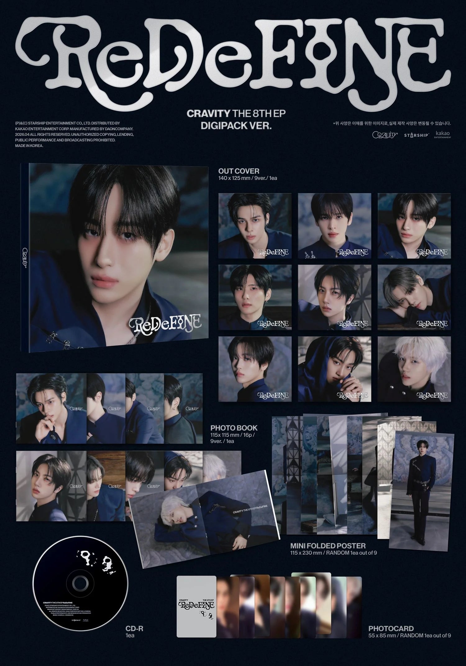 Inclusions for CRAVITY's album titled 'ReDeFINE' featuring various items like photos, photocards, and a CD.