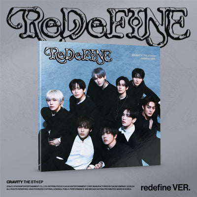 Album cover for CRAVITY's 8th mini album with a group photo with "ReDeFINE" text on a gray background 