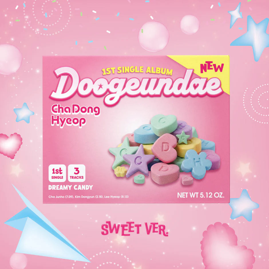 Album cover of Cha Dong Hyeop's 1st single with colorful candy-themed design on a pink background