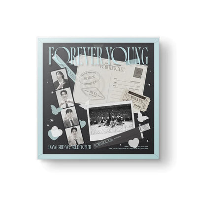 Framed collage of DAY6's tour with 'Forever Young' text and various photos and documents.