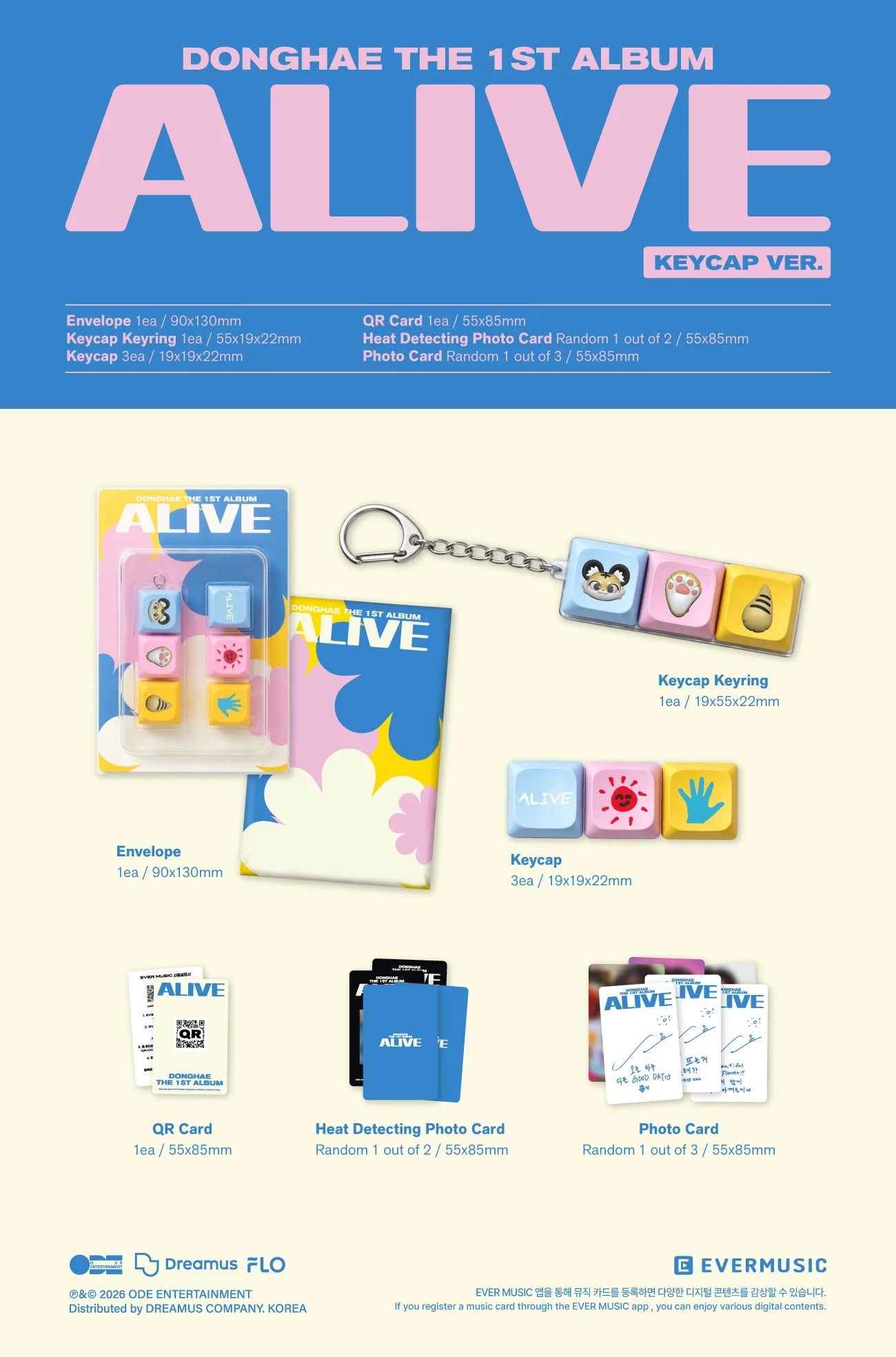Promotional image of Donghae's 1st album 'ALIVE' with keycap version packaging and contents.