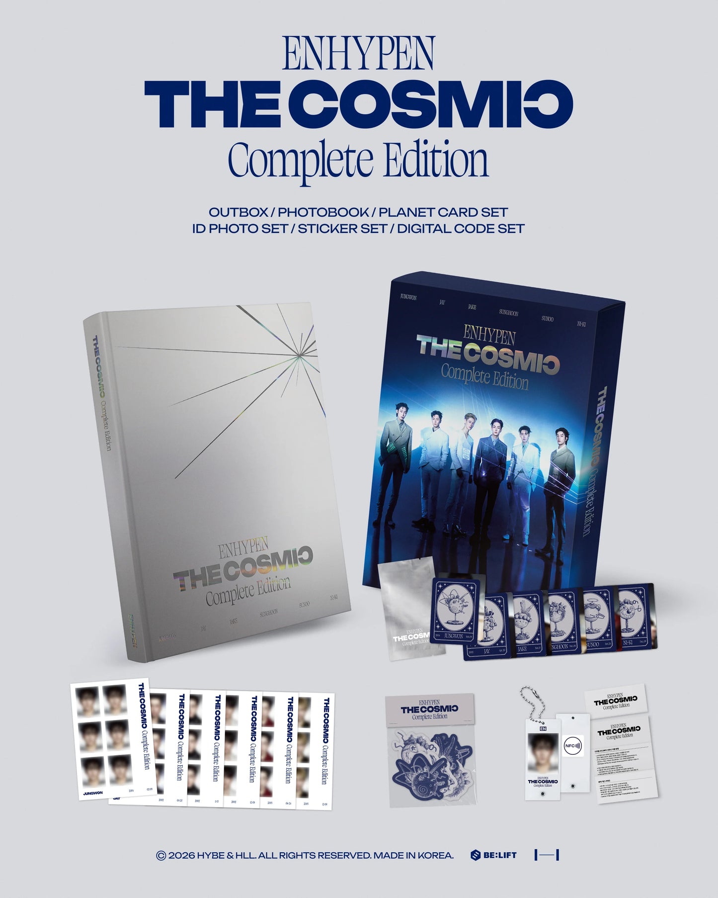 ENHYPEN 'The Cosmic' Complete Edition packaging with various inclusions on a light gray background