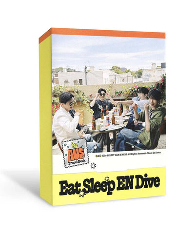 Book cover with the ENHYPEN members at an outdoor table and text 'Eat Sleep EN Dive' on a white background