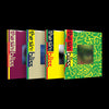 Four overlapping square book-like covers on a black background, each with the vertical text 'the sin: bliss' and different cover designs: magenta, cream, yellow, and green for ENHYPEN's album