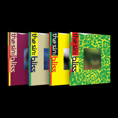 Four overlapping square book-like covers on a black background, each with the vertical text 'the sin: bliss' and different cover designs: magenta, cream, yellow, and green for ENHYPEN's album