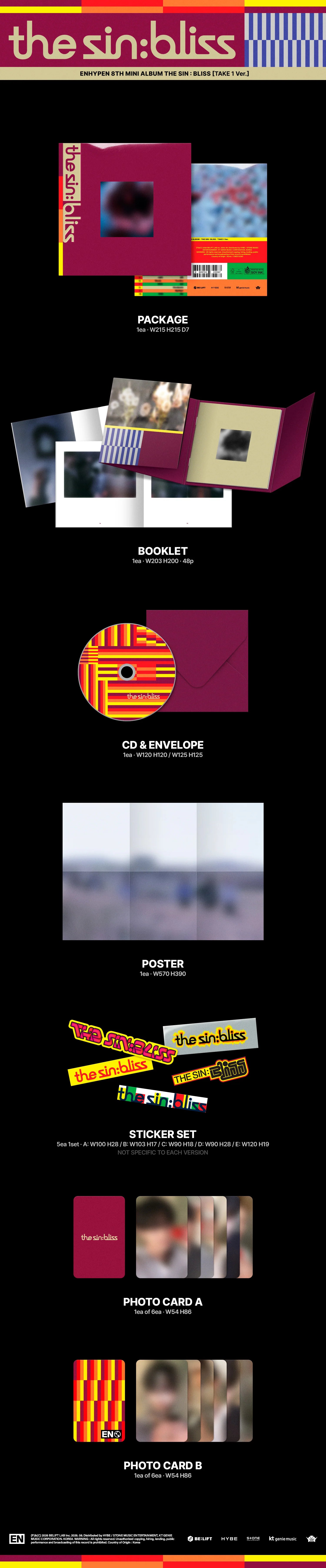 A tall promotional collage for ENHYPEN's 'the sin bliss' album featuring multiple small artwork thumbnails, text labels such as package, booklet, cd, poster, sticker set, photocard