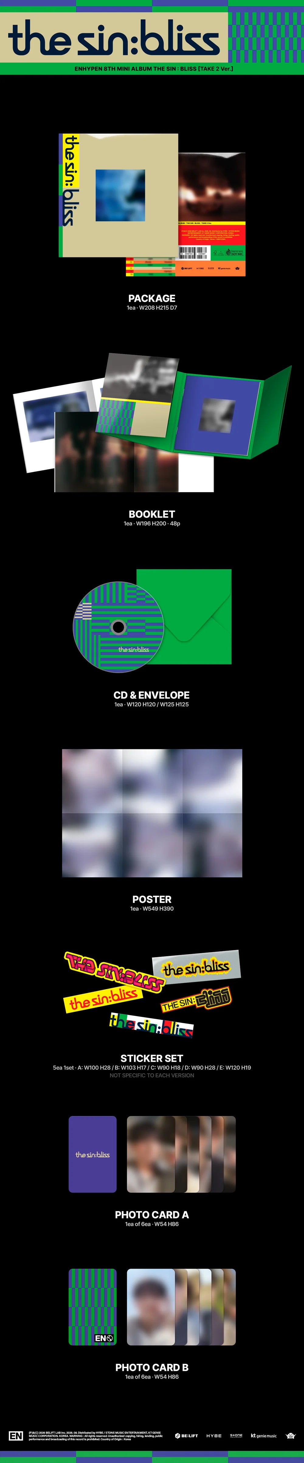 A tall promotional collage for ENHYPEN's 'the sin bliss' album featuring multiple small artwork thumbnails, text labels such as package, booklet, cd, poster, sticker set, photocard