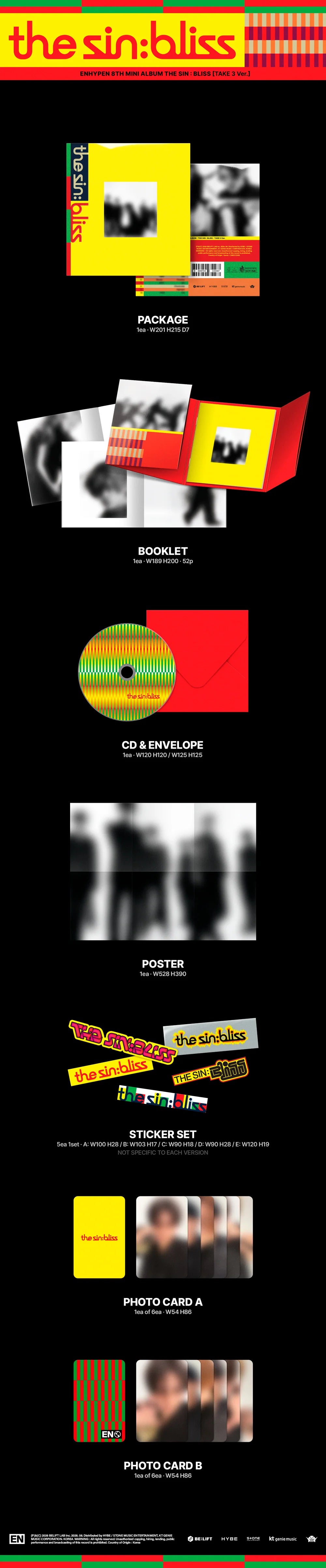 A tall promotional collage for ENHYPEN's 'the sin bliss' album featuring multiple small artwork thumbnails, text labels such as package, booklet, cd, poster, sticker set, photocard