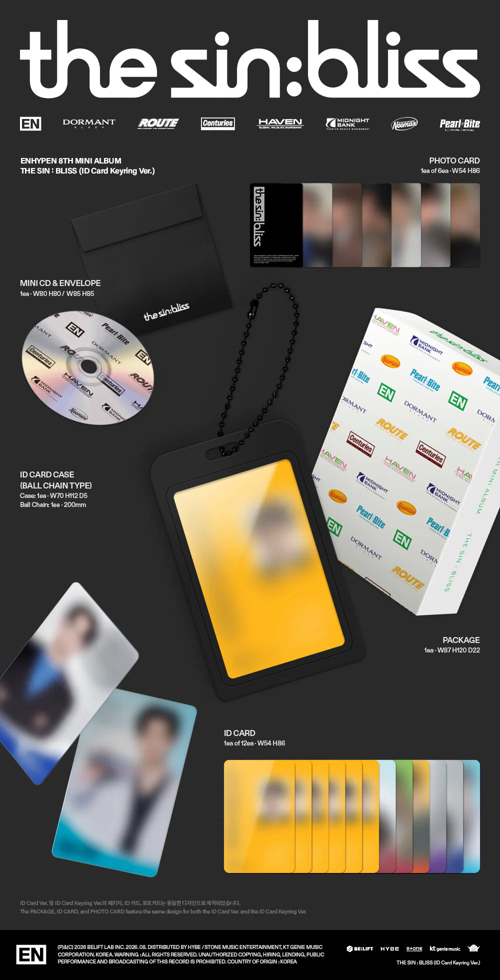 ENHYPEN's The Sin: Bliss album merchandise album inclusions shown on a dark background, including a CD, ID cards, a lanyard tag, a photo card 