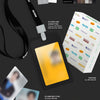A promotional collage for ENHYPEN's 'The Sin: Bliss' album featuring a black lanyard with a blurred ID badge, track card, photocard, and an NFC type ID card on a dark background. 