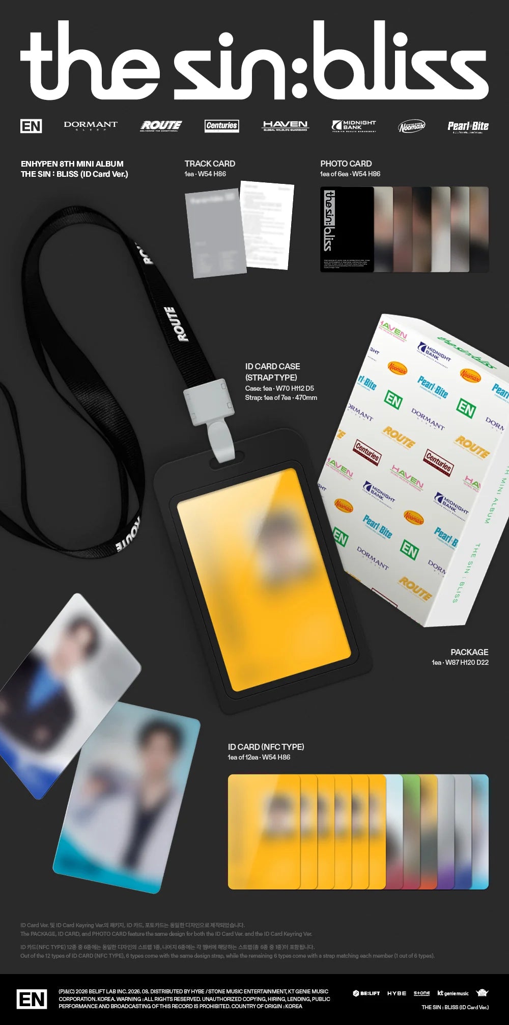 A promotional collage for ENHYPEN's 'The Sin: Bliss' album featuring a black lanyard with a blurred ID badge, track card, photocard, and an NFC type ID card on a dark background. 