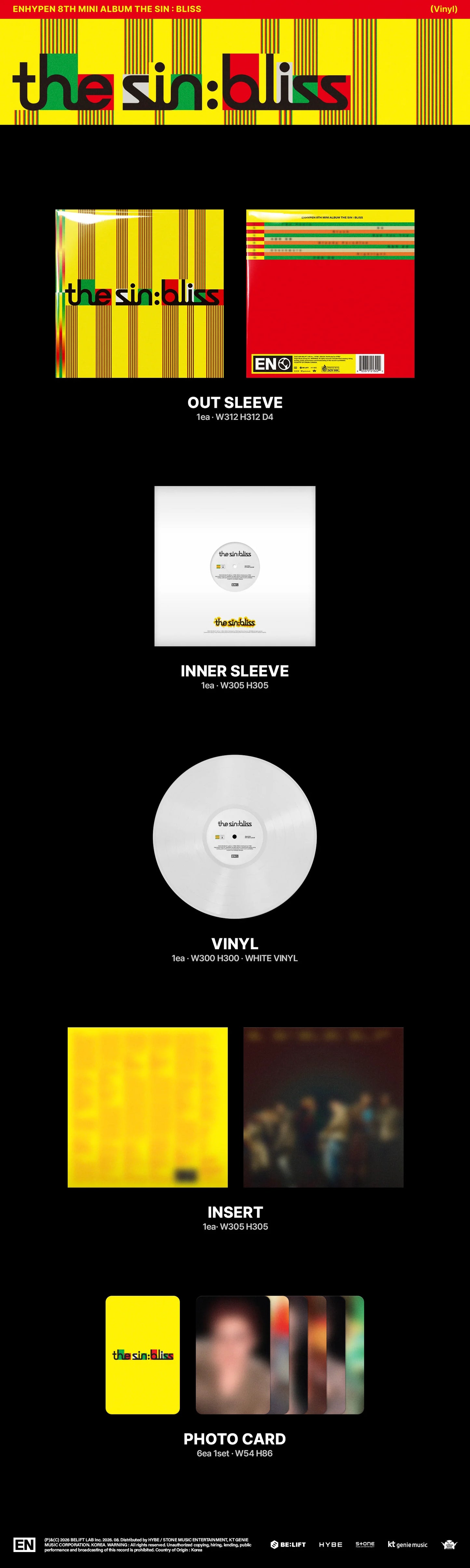 A collage of ENHYPEN's 'The Sin: Bliss' album, showing the outer sleeve, inner sleeve, vinyl record, insert, and photo cards against a black background.
