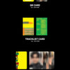A product layout sheet for ENHYPEN's  'the sin:Bliss' album merchandise on a black background, showing the package, QR code, tracklist card, and multiple photo card images
