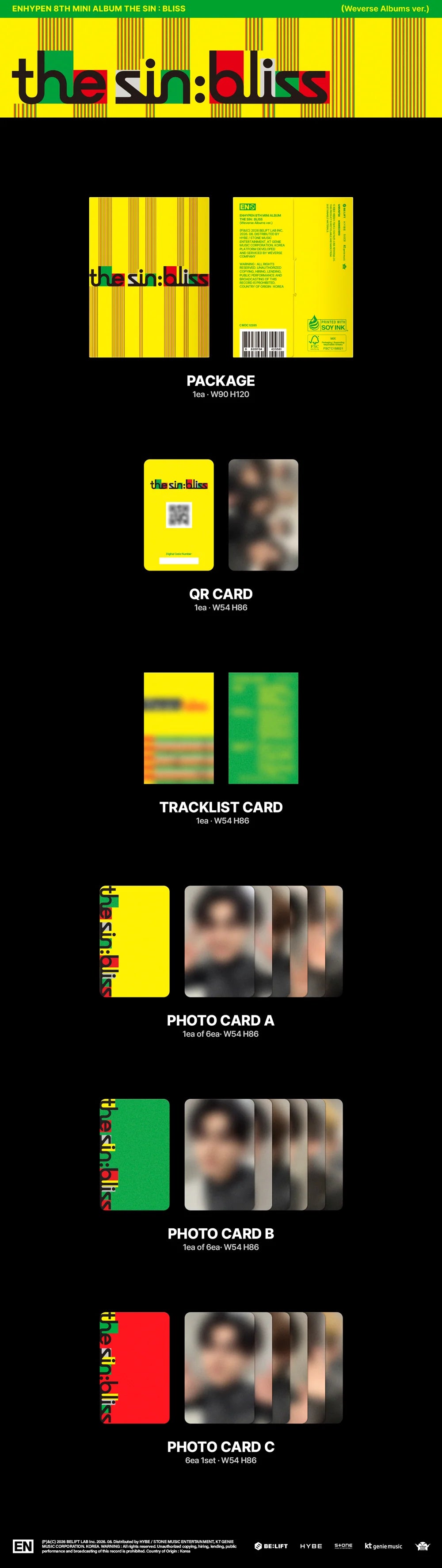 A product layout sheet for ENHYPEN's  'the sin:Bliss' album merchandise on a black background, showing the package, QR code, tracklist card, and multiple photo card images
