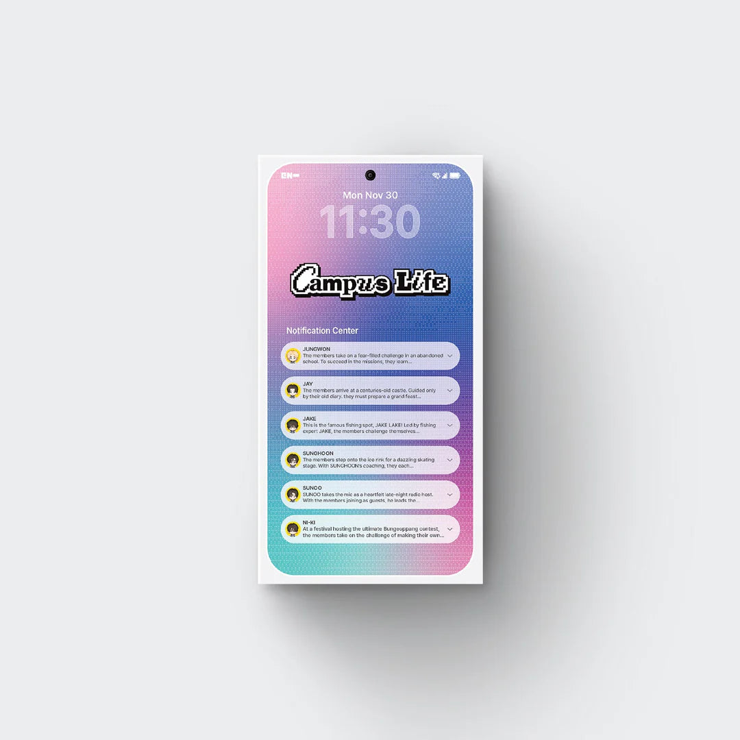 ENHYPEN's coupon card cover for Campus Life similar to a cellphone wallpaper with a pink-blue gradient background