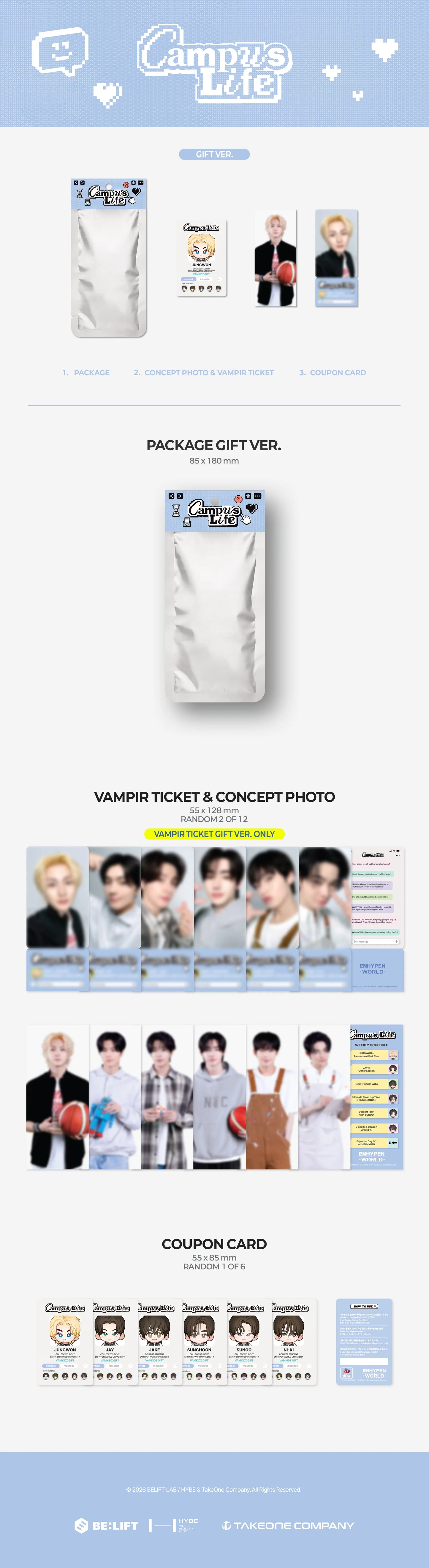 ENHYPEN's Campus Life coupon card collection inclusions with concept photos and cards on a white background