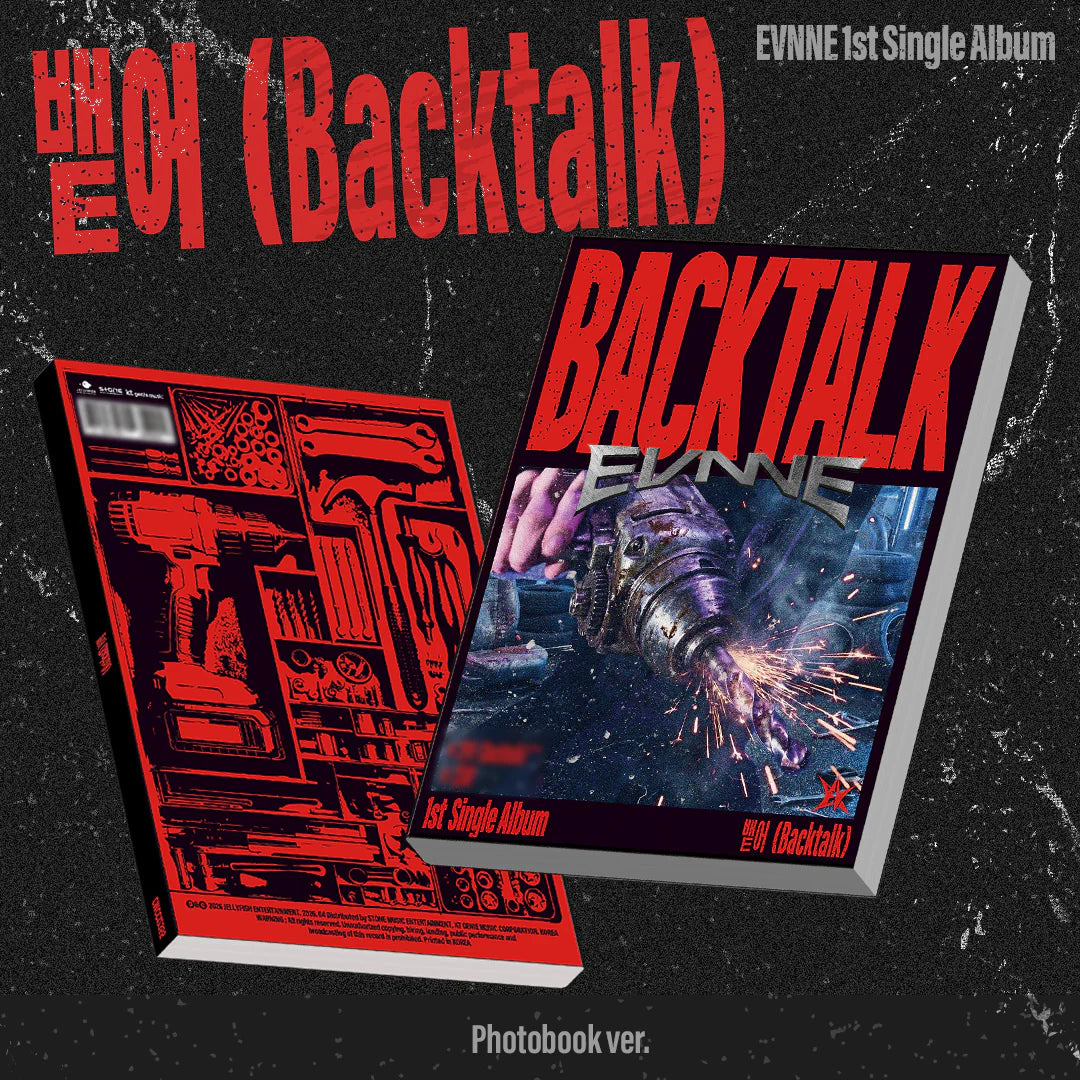 Album cover with 'Backtalk' and 'Evnne' text, featuring a photobook version on a dark background.