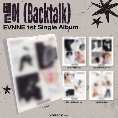 Album cover for EVNNE's 1st single album 'Backtalk' with a digipack version on a textured background.
