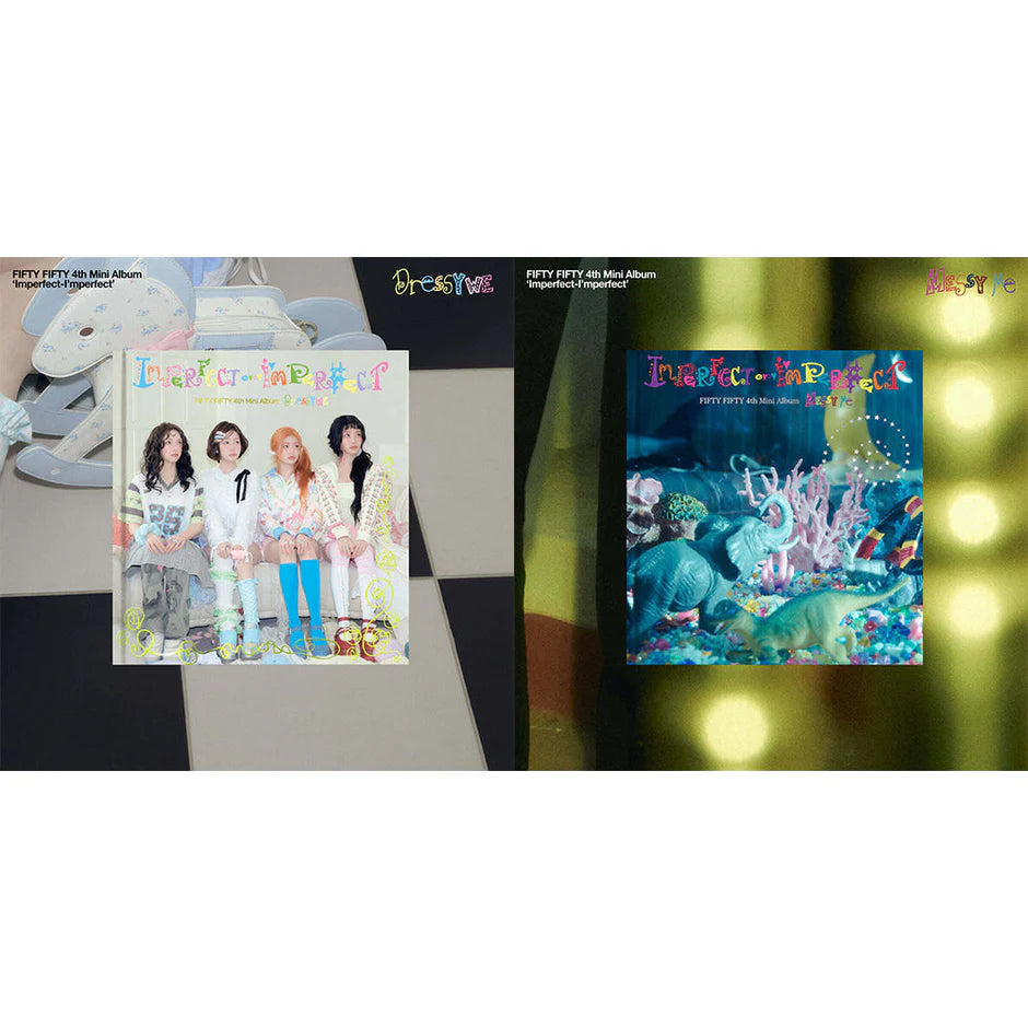 FIFTY FIFTY's two album covers with colorful designs and text on a white background