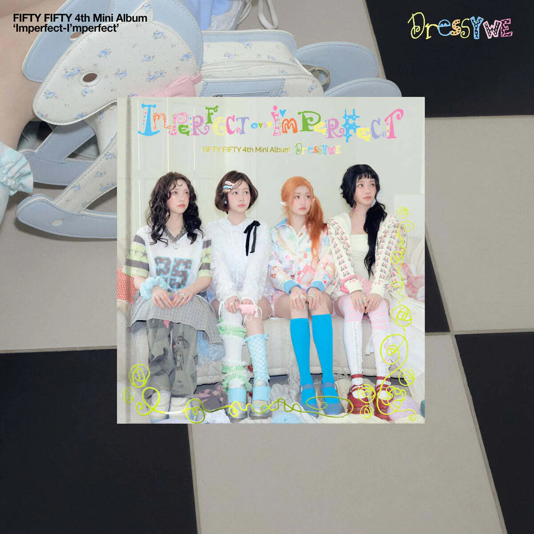 Album cover with the four FIFTY FIFTY members and text 'Imperfect I'mperfect' on a white background